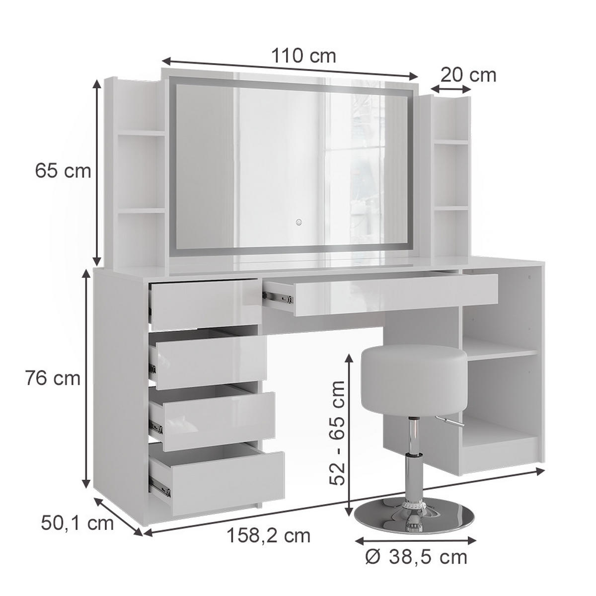 SCHMINKTISCH Sherry Weiß/Weiß Hochglanz 158.2 cm 5 Teile - Weiß Hochglanz, Holzwerkstoff (158.2/76/50.1cm) - Vicco