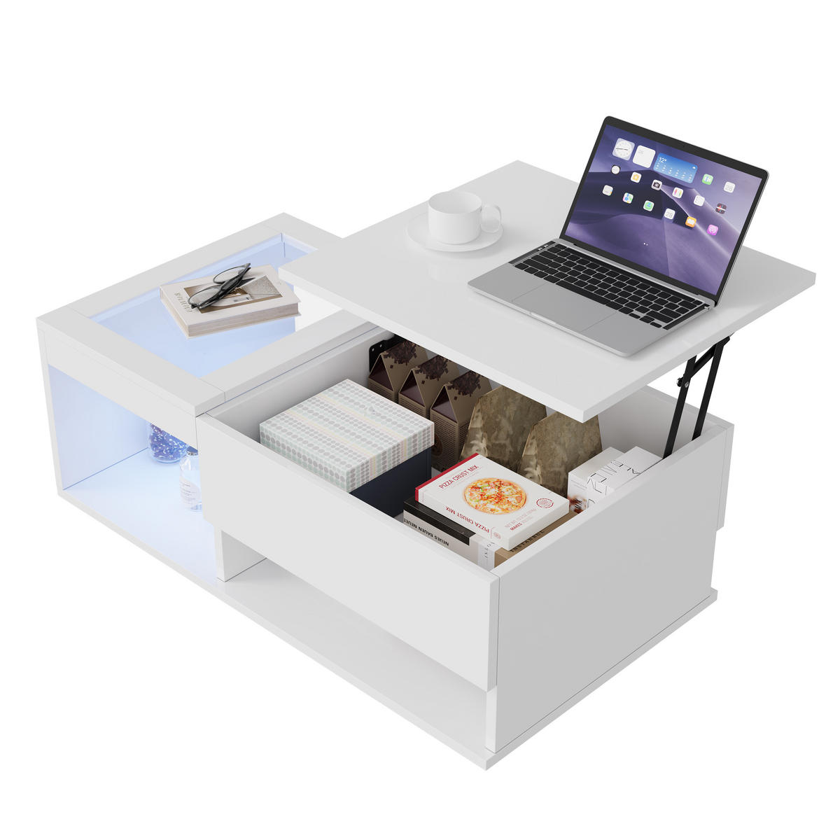 HÖHENVERSTELLBARER COUCHTISCH WEISS MIT LED Hochglanz & Glas, 100x55x35cm - Weiß, Holz (100/55/35cm) - CASIVA