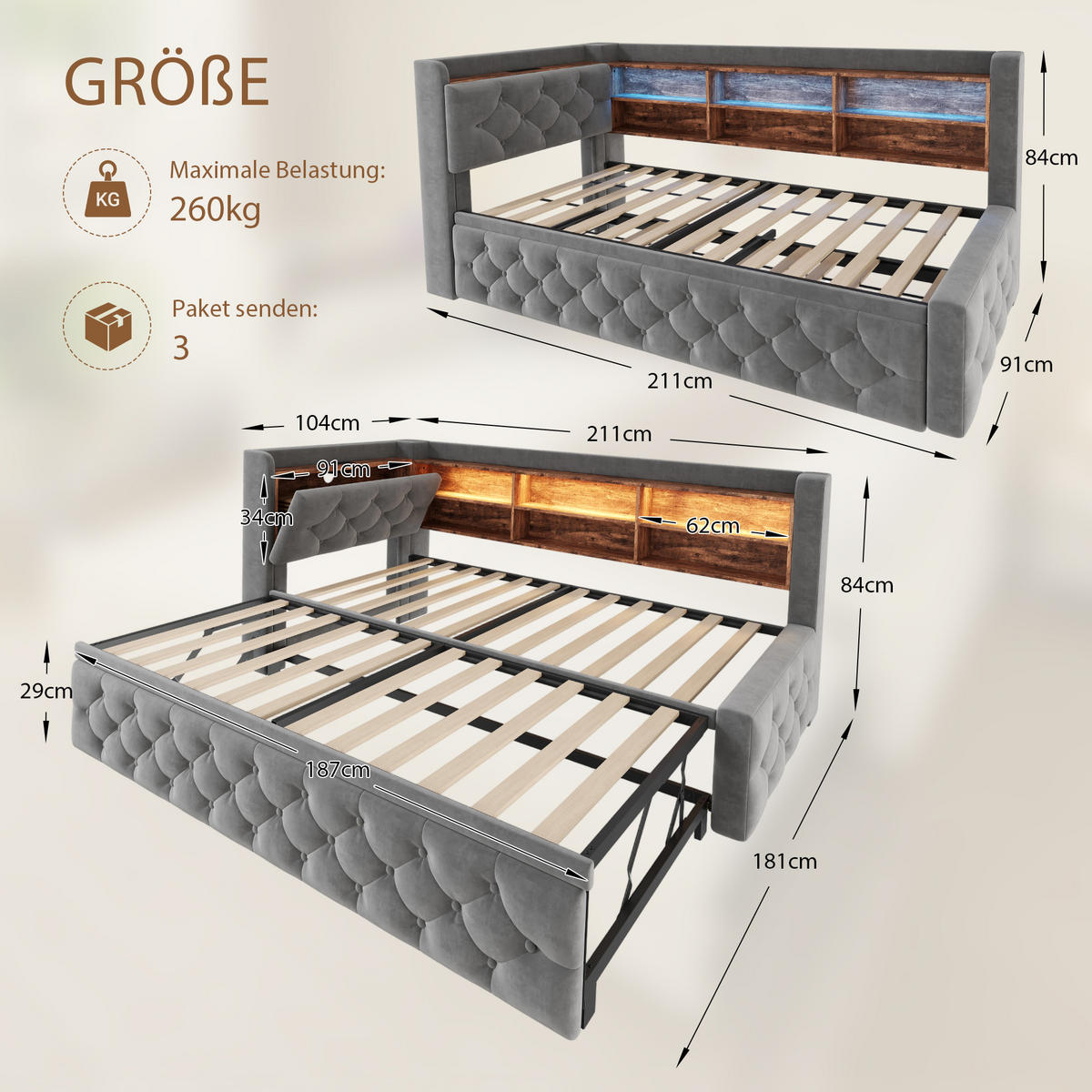TAGESBETT Ausziehbar 90/180x190cm, Samt, LED/USB/Stauraum, Dunkelgrau - Dunkelgrau, Holz/Textil - LVHOM