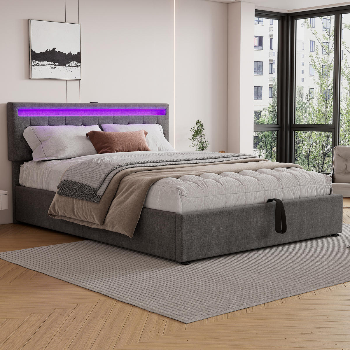 POLSTERBETT 160/200 cm Grau mit LED-Umgebungslicht und USB-Anschluss - Grau, Textil (160/200cm) - OKWISH