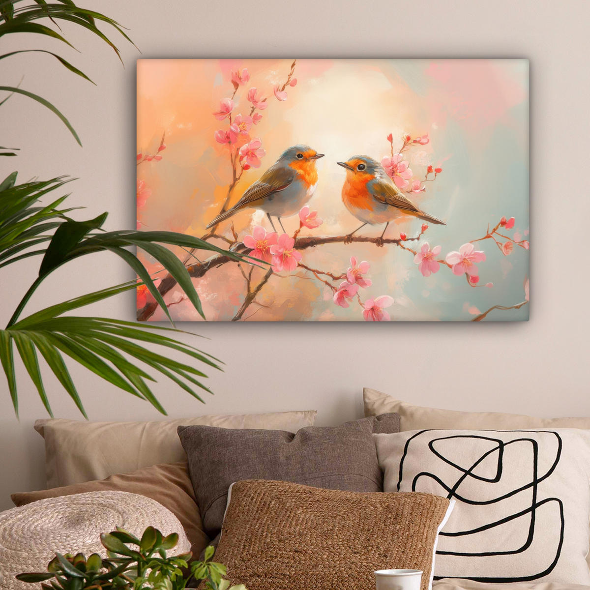 LEINWANDBILD Rotkehlchen - Zierpflanze - Blütenzweig Wanddeko 90x60 cm - Hellrosa, Textil (90/60cm) - MuchoWow