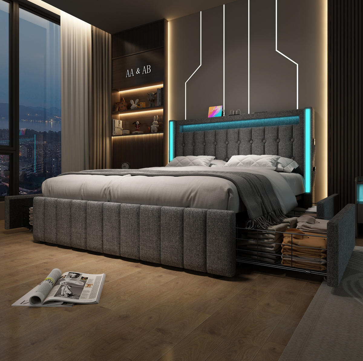POLSTERBETT 160/200 cm mit USB/Typ-C im Kopfteil, LED-Beleuchtung & 4 Schubladen, Grau - Grau, Textil (160/200cm) - Redom