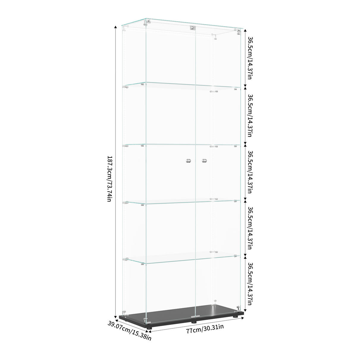 VITRINE 80x36x187 cm, LED, 5 Böden, 2 Türen, Schwarz - Schwarz, Holz (80/183/36cm)