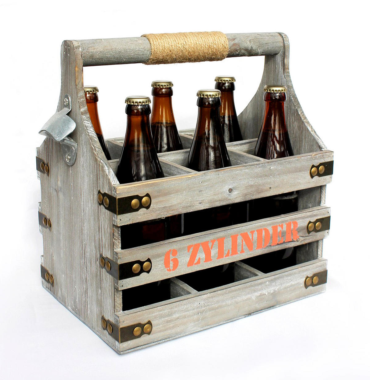 BIERTRÄGER mit Flaschenöffner Flaschenträger 6 Zylinder Bierkiste aus Holz 32cm - Grau, Holz (31/32/21cm) - DanDiBo