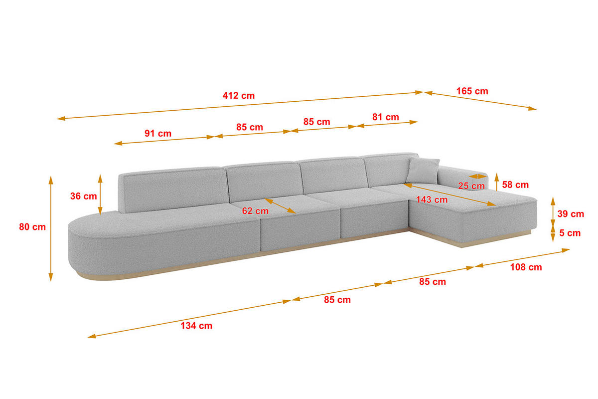 ECKSOFA Ottomane Rechts IREA-L3 - 412x165x80 cm Hellgrau - Hellgrau, Holzwerkstoff/Textil (412/165cm) - ALTDECOR