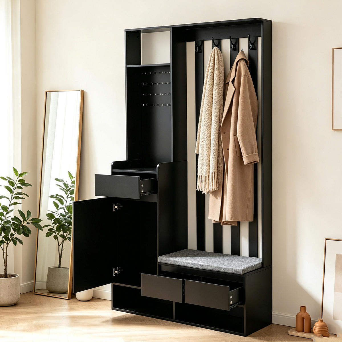 GARDEROBE mit gepolsterter Aufbewahrungsbank und Schuhschrank, schwarz - Schwarz, Holz (35/180/100cm) - Meubles Cosy