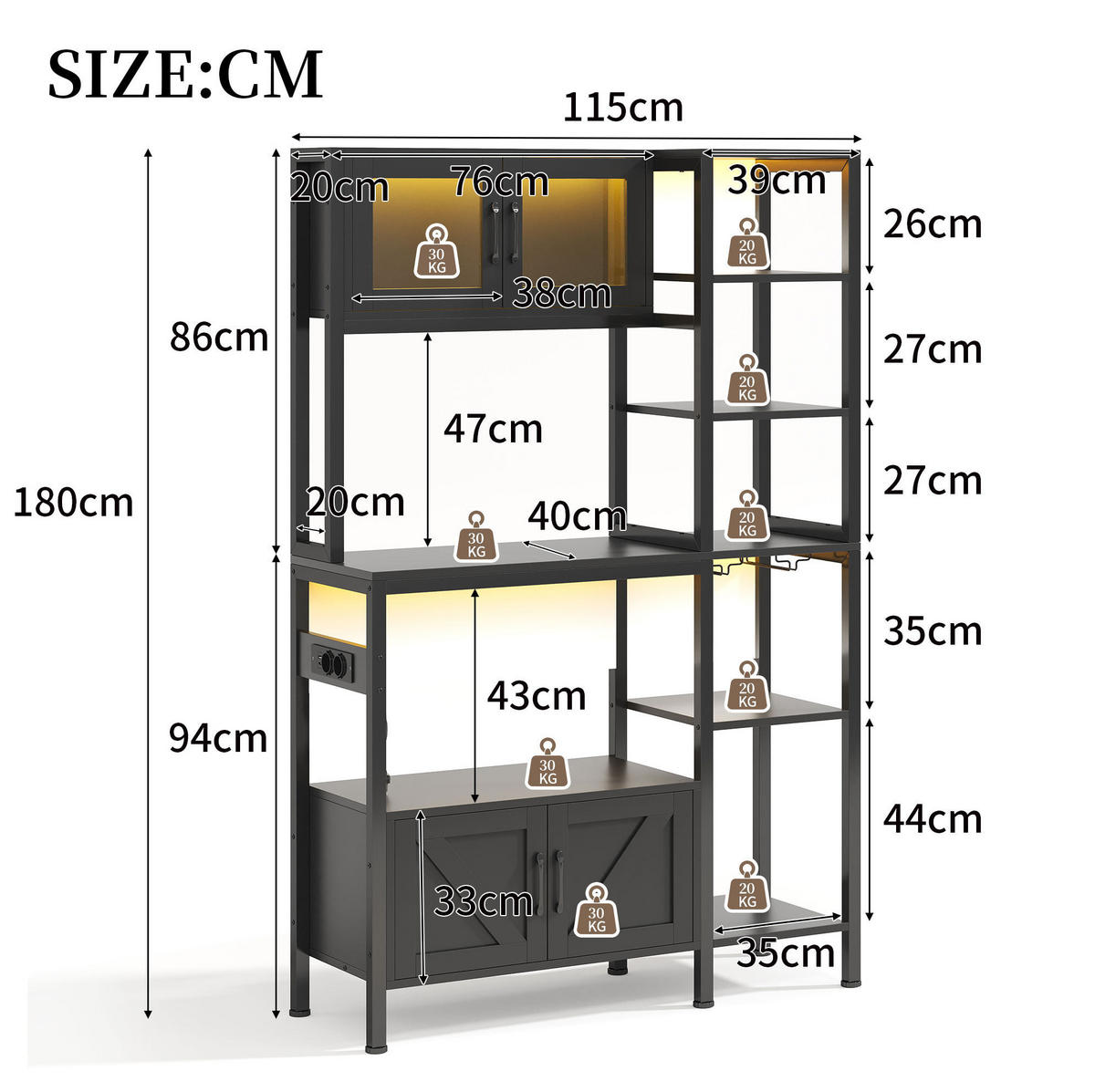 BUFFET 115/40/180 cm schwarz aus MDF und Stahl mit LED - Schwarz, Holzwerkstoff (115/180/40cm) - OKWISH