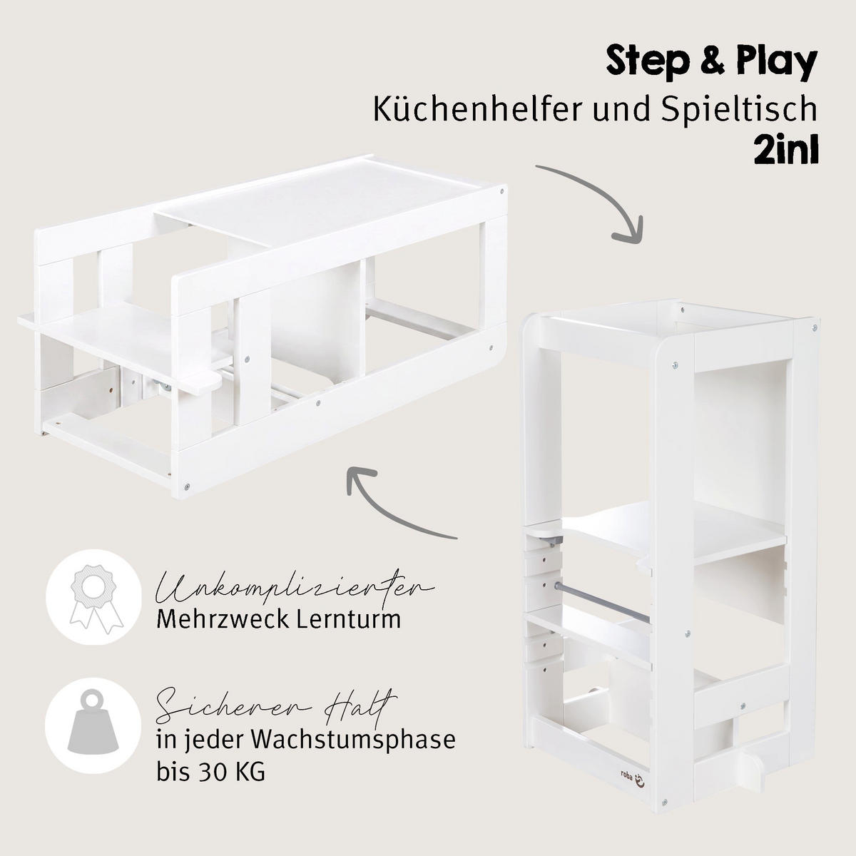 LERNTURM Step & Play 2in1 - Weiß, Holzwerkstoff/Metall (50.5/85/40cm) - Roba