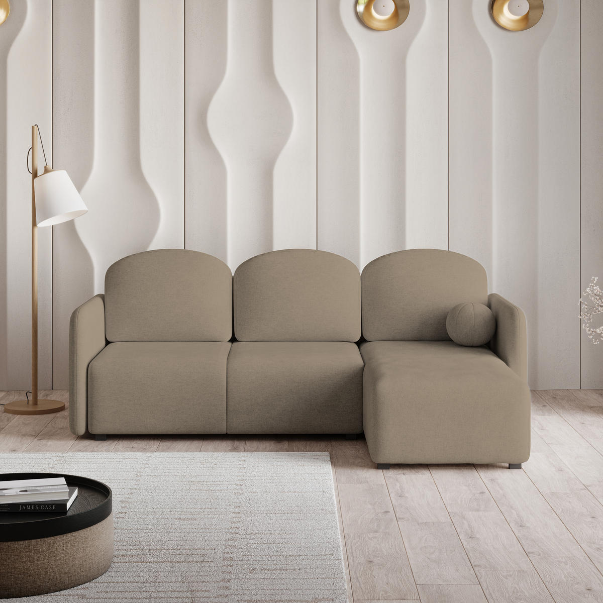 ECKSOFA SUVINO Braun Geflochtener Stoff mit Schlaffunktion - Braun, Holz (230/143cm) - MASSENO