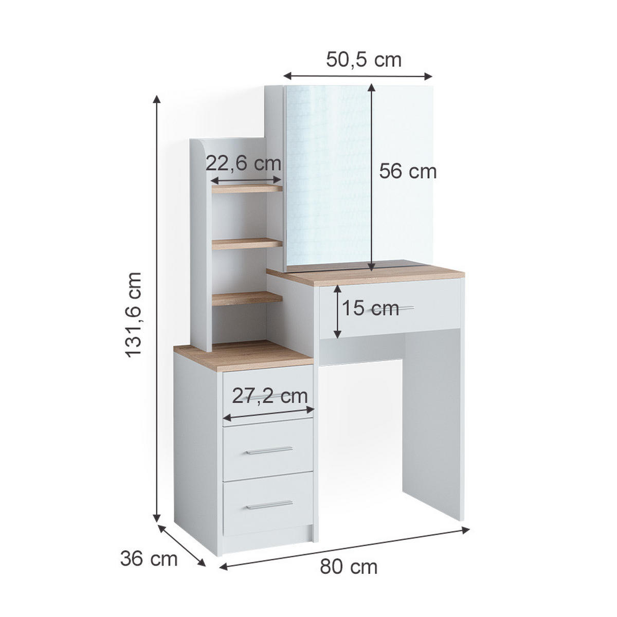SCHMINKTISCH Conrada Weiß/Sonoma 80 cm - Weiß/Sonoma Eiche, Holzwerkstoff (36/131.6/80cm) - Vicco