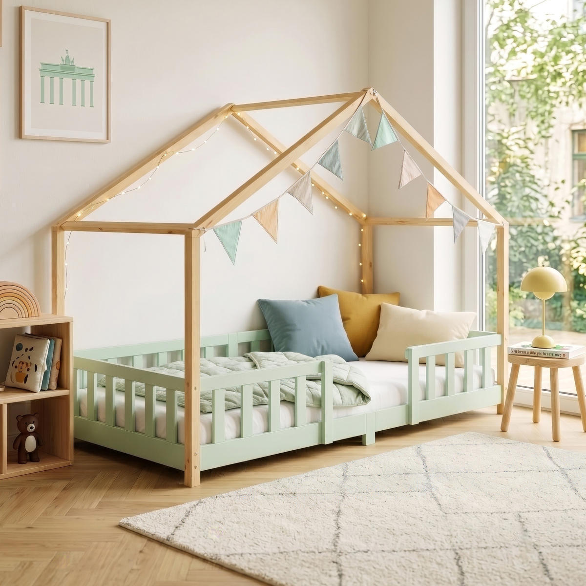 HAUSBETT Treviolo - Naturfarben/Mintgrün, Holz (90/200cm) - [en.casa]