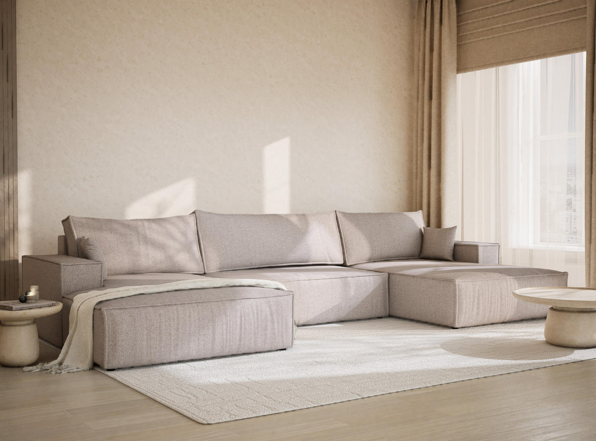 WOHNLANDSCHAFT Kyoto Hellbeige Webstoff - Beige/Schwarz, Holz/Holzwerkstoff (398/70/148cm) - Maison de Reve