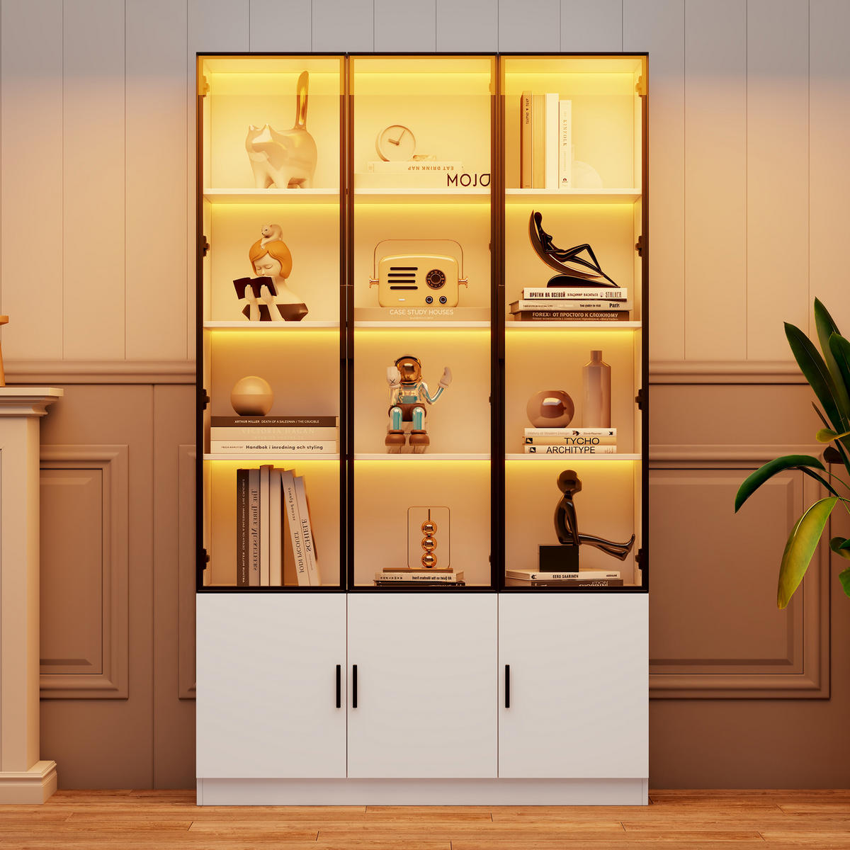 VITRINE LED Glasvitrine Hochschrank 200cm 6 Türen Weiß - Weiß, Holzwerkstoff (120/200/32cm) - FLIEKS