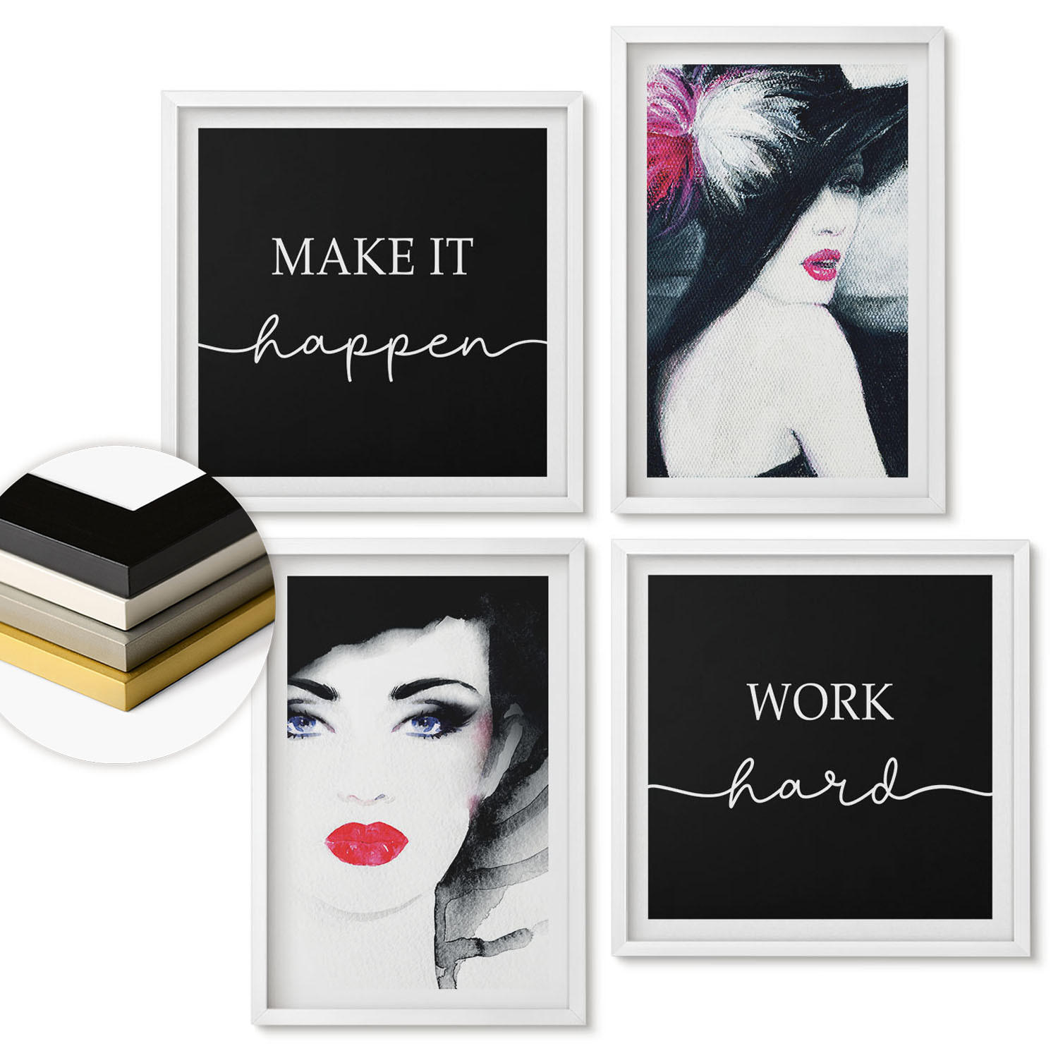 WANDBILDER 4er-Set - 50x50 cm & 40x60 cm Weißer Rahmen - Porträts von Frauen mit Lippen - Weiß, Kunststoff (50/50cm) - ArtPrintCave