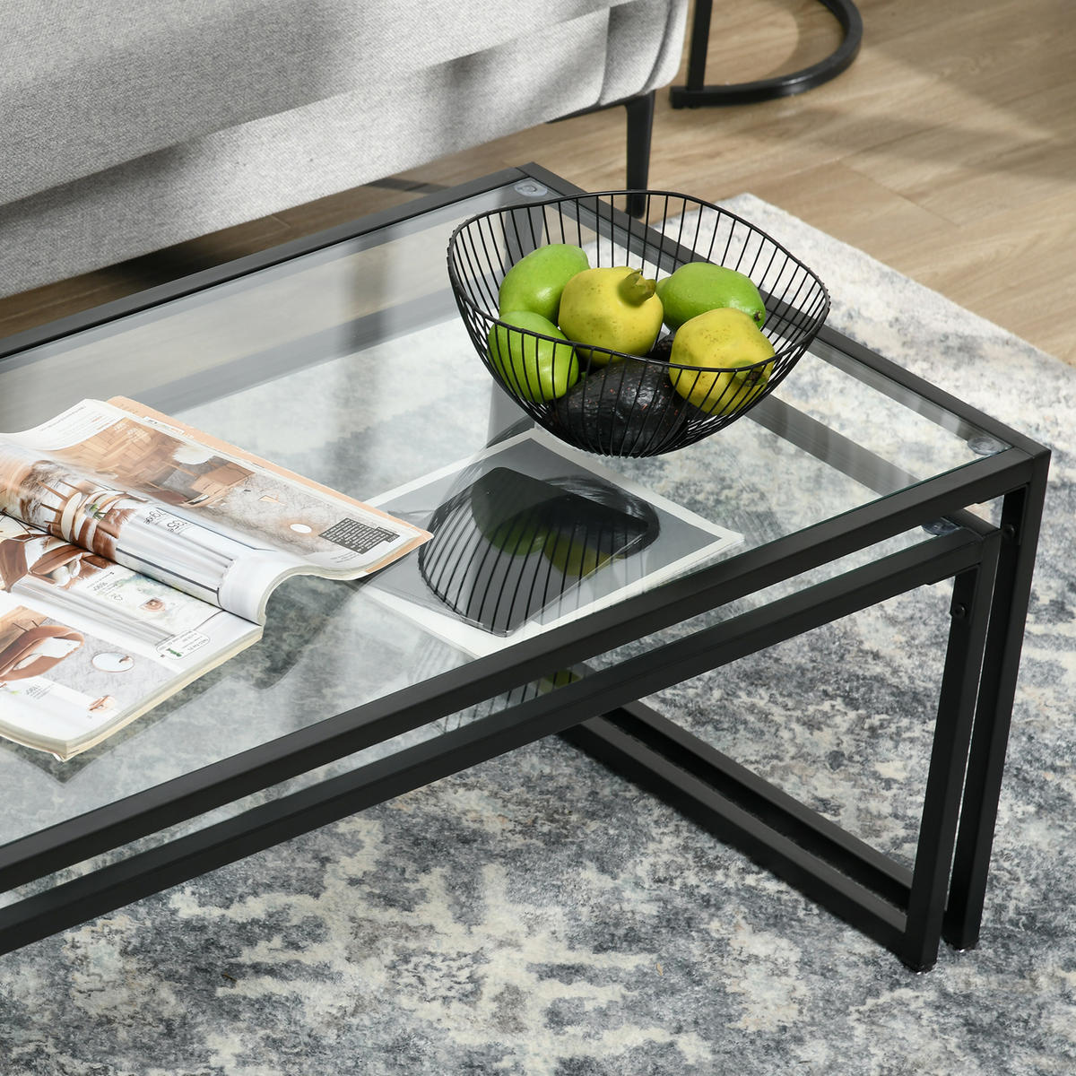 COUCHTISCH-SET, Glas, Stahl, Transparent - Transparent, Glas/Metall (119/56/44.5cm) - HOMCOM