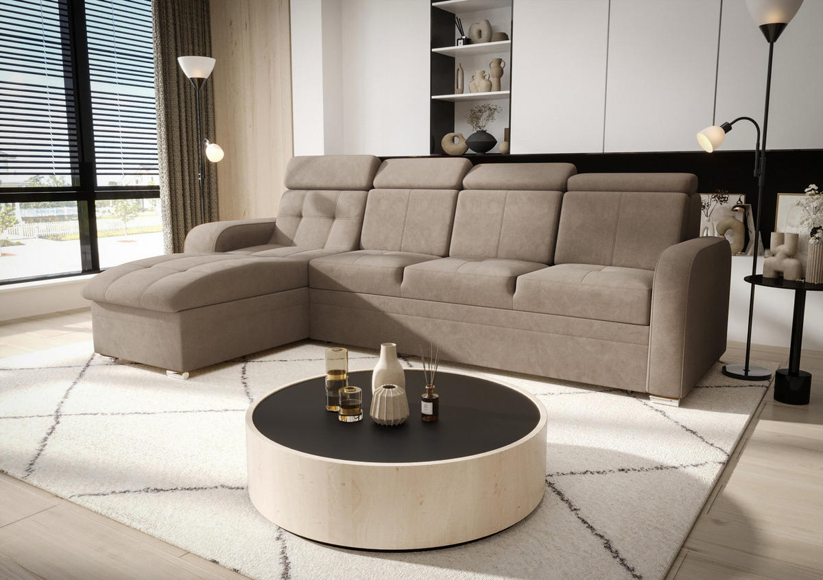 ECKSOFA KONGO RBN10, Eckcouch in L-Form mit Schlaffunktion, Farbe: Beige, Velourstoff, Ottomane Links - Beige, Textil (315/169cm) - O-Sofa