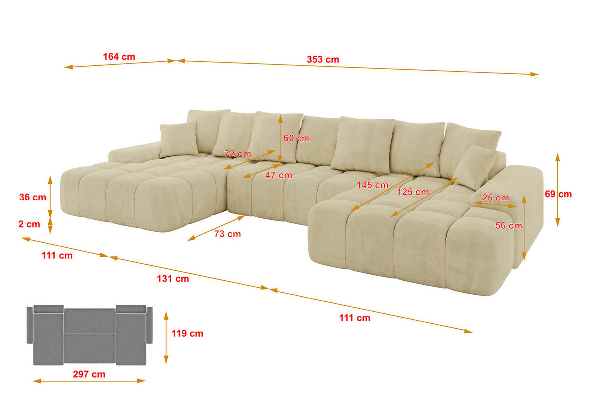 WOHNLANDSCHAFT ENSI-U - 353x164x88 cm Taupe - Taupe, Holzwerkstoff/Kunststoff (357/69/164cm) - ALTDECOR