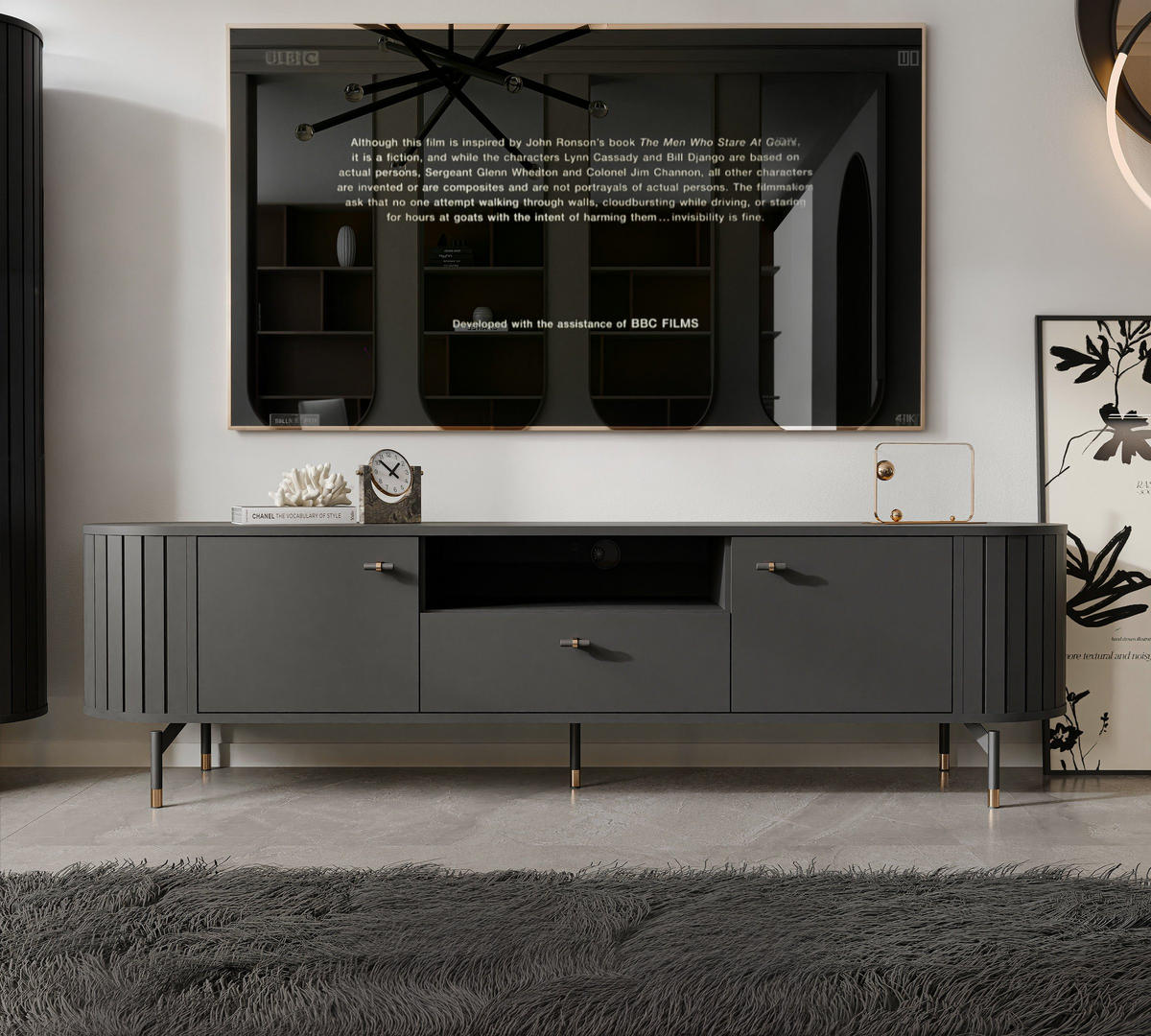 TV-LOWBOARD geriffelt, mit Schublade, Schwarz - Schwarz, Holzwerkstoff (180/49/40cm) - Idohome