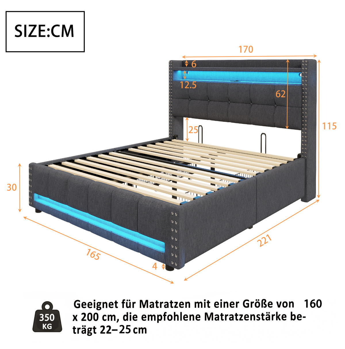 POLSTERBETT mit LED und USB 160x200 cm Grau - Grau, Metall (160/200cm) - Meubliv