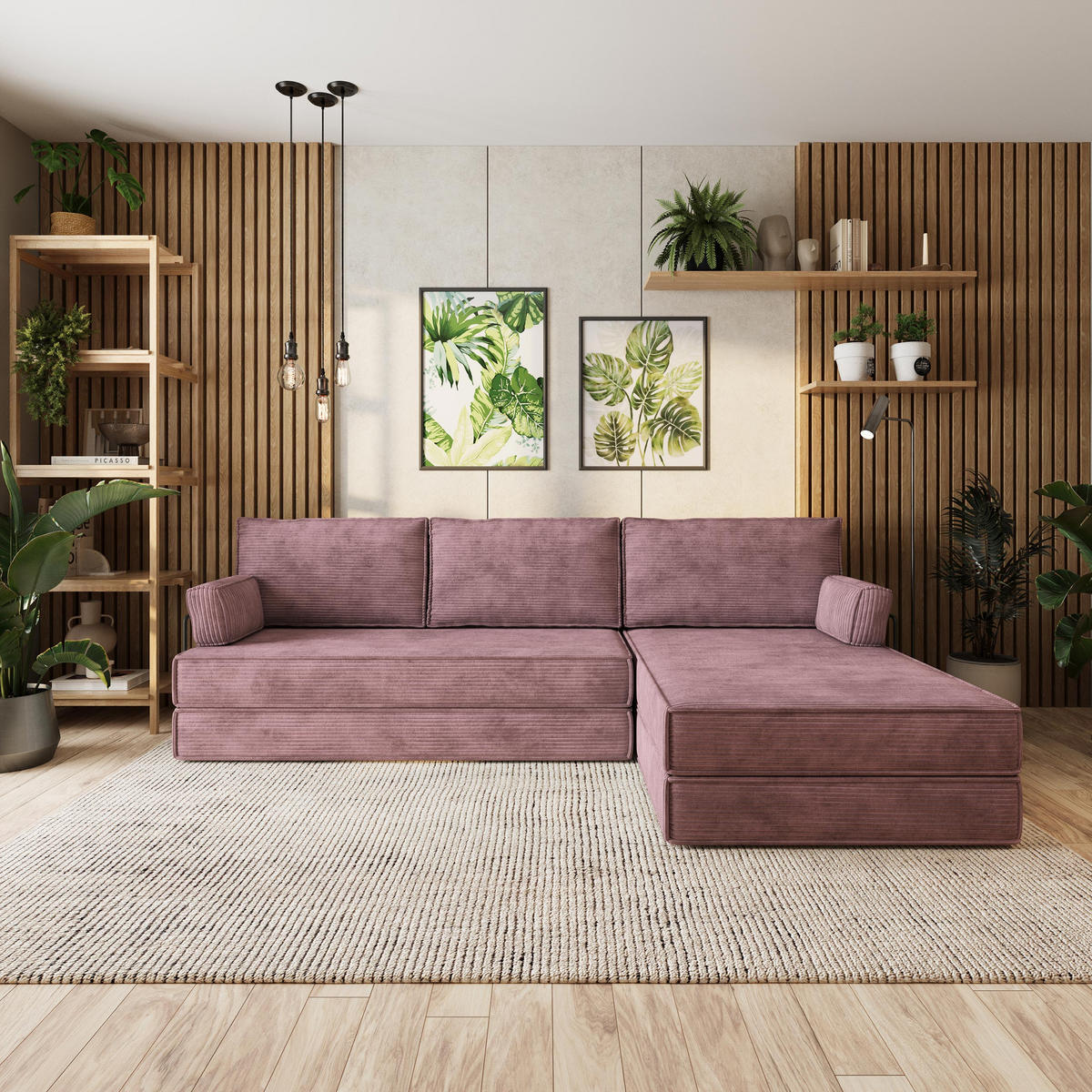 ECKSOFA ANKO modulares Boneless Sofa mit Schlaffunktion Lila Kordstoff - Lila, Textil (270/160cm) - MASSENO