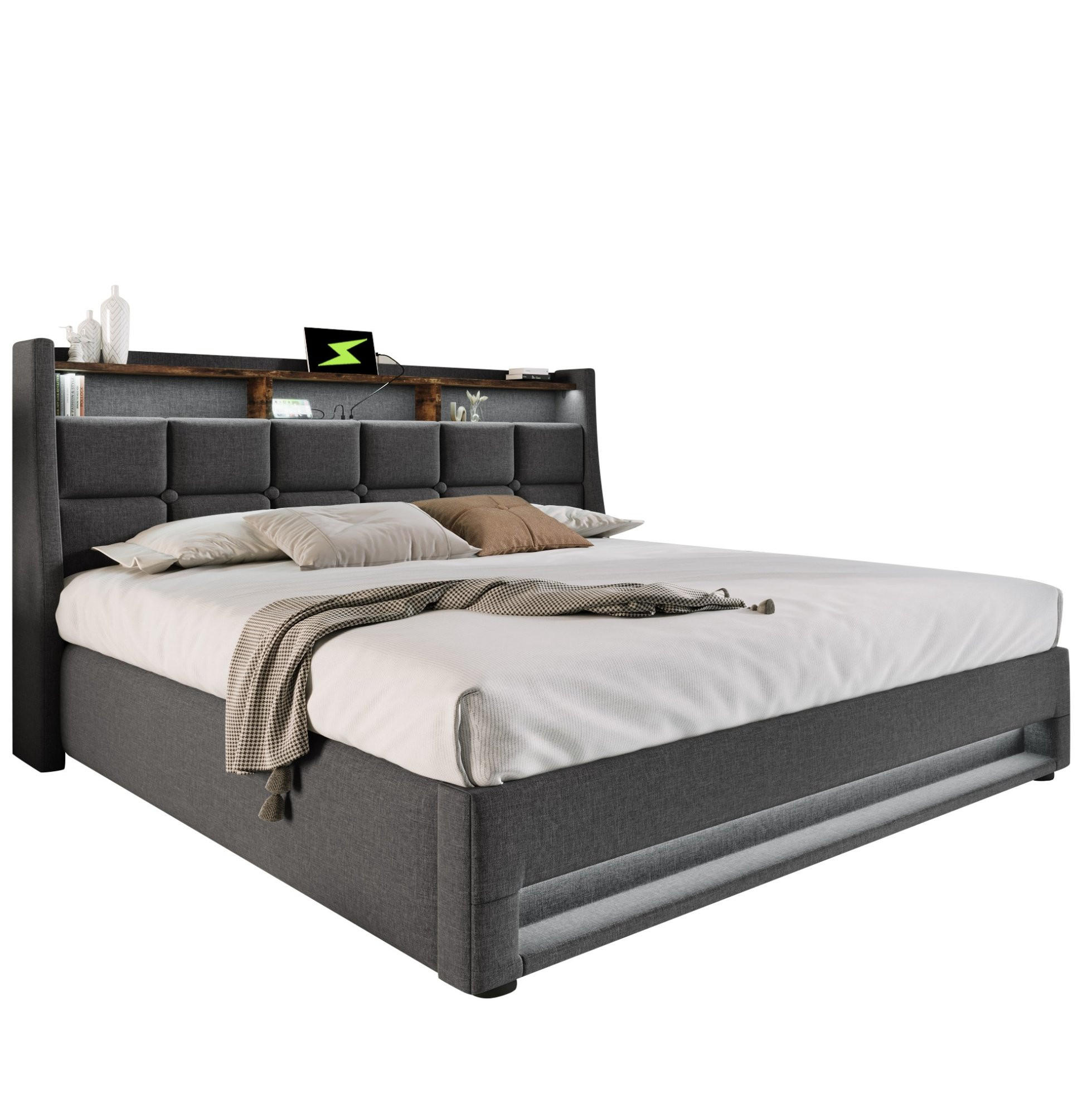 POLSTERBETT 160/200 cm mit LED & USB, klappbarer Bettkasten, Leinenbezug, Grau - Grau, Textil (160/200cm) - Redom