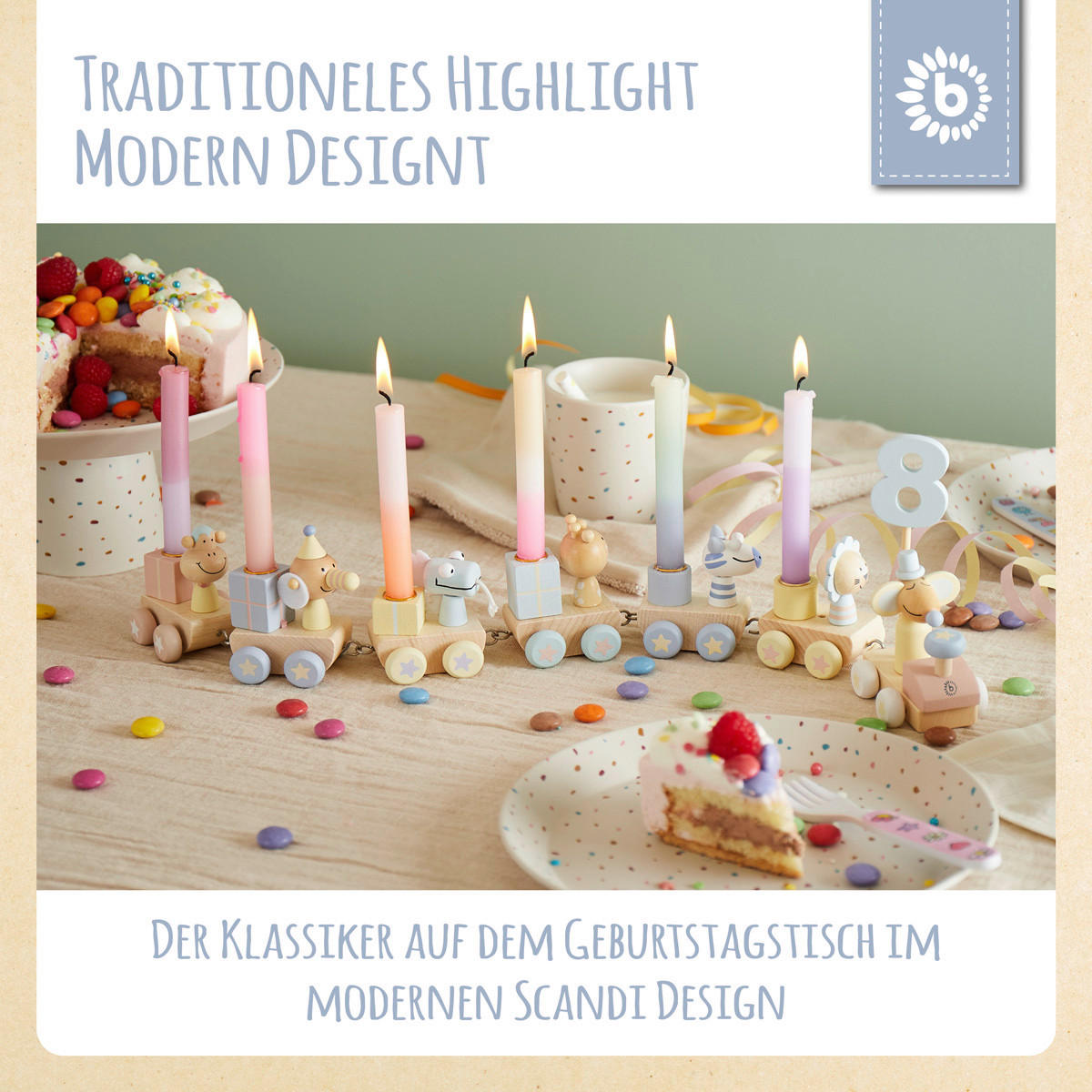 GEBURTSTAGSZUG Holz Candy Look mit 6 Ker - Multicolor, Holz (5/48cm) - Bieco Spielwaren