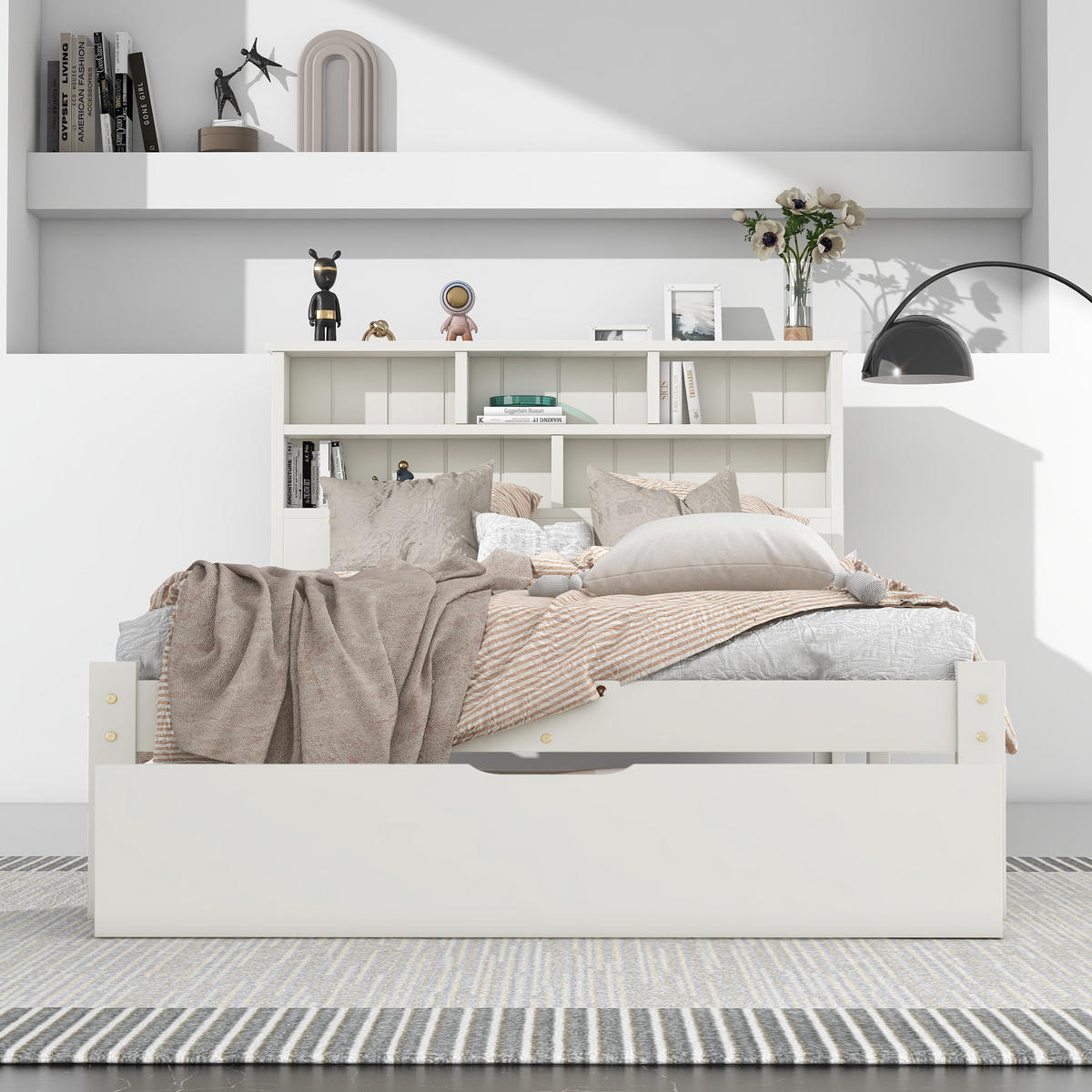 BETT mit Schubladen und Regal 90x200 cm Massivholz Weiß - Weiß, Holz (90/200cm) - Meubliv