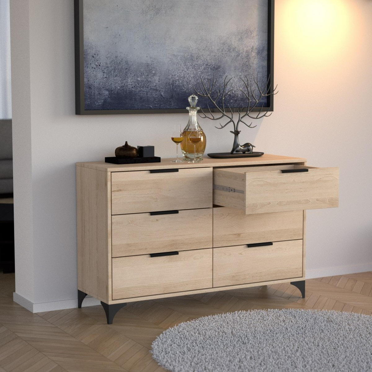 KOMMODE Home mit 6 Schubladen, 120 cm, mit Griffen, eiche Artisan - Schwarz/Eiche Artisan, Holzwerkstoff (120/80/40cm) - Beautysofa