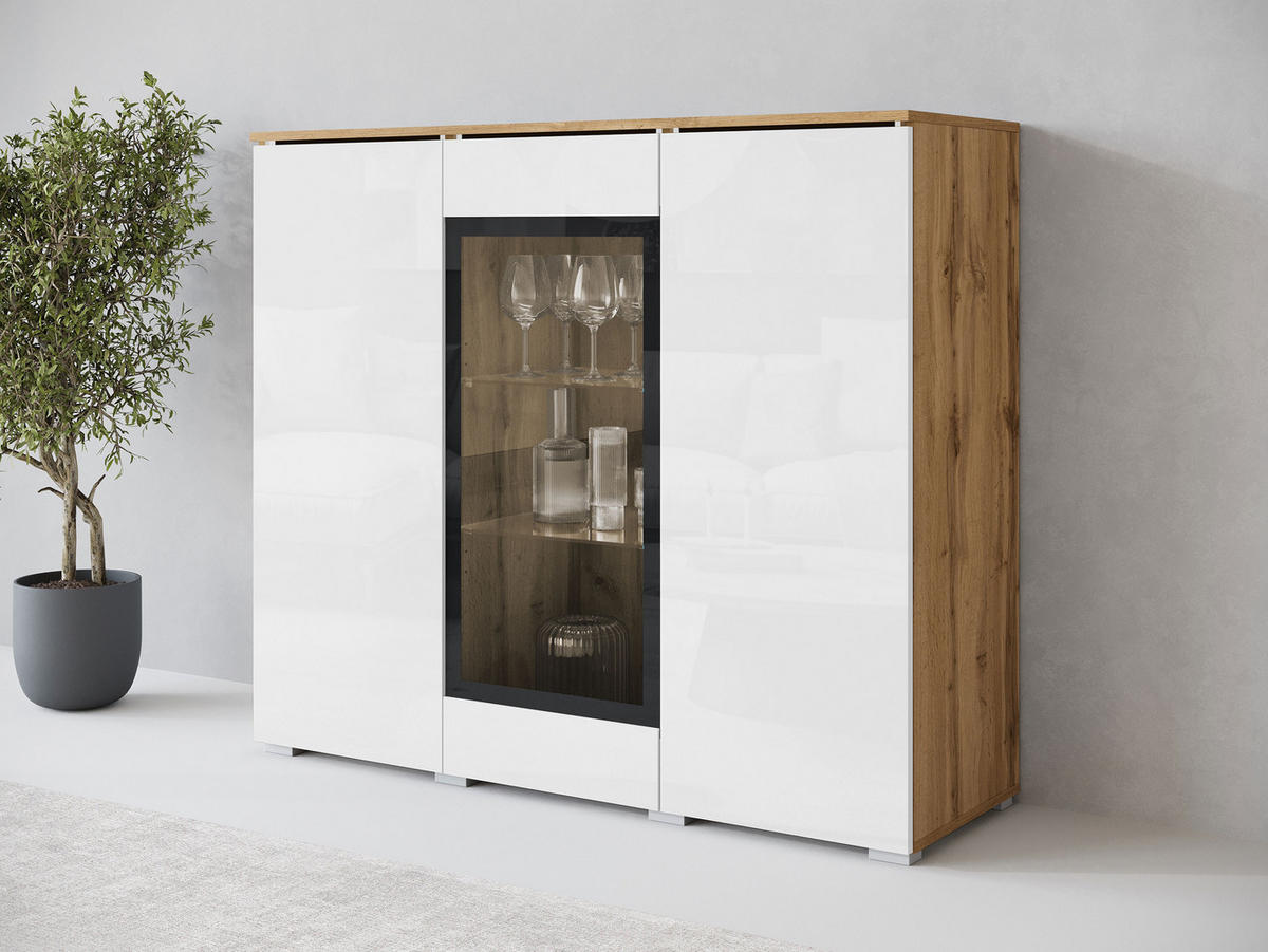 KOMMODE Vera 120 - Weiß Hochglanz/Silberfarben, Holzwerkstoff/Kunststoff (120/104/40cm) - MIRJAN24