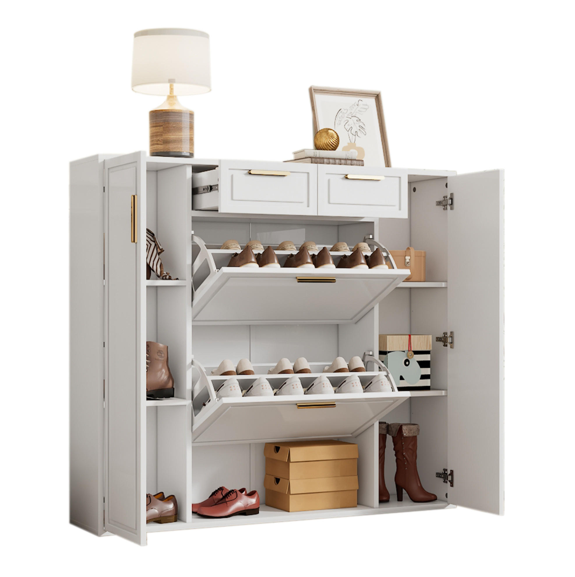 SCHUHSCHRANK 120/24/107 cm in Weiß mit 2 Schubladen und verstellbaren Einlegeböden - Weiß, Holzwerkstoff (120/107/24cm) - Flora Grace