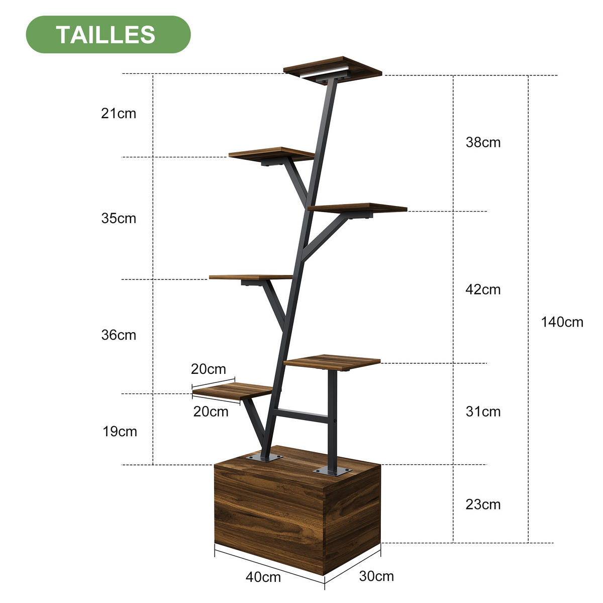 PFLANZENREGAL Tigerholz, LED-Wachstumslicht, Stauraum, 2er-Set pro Paket - Braun, Metall (40/140/30cm) - EuroLiving