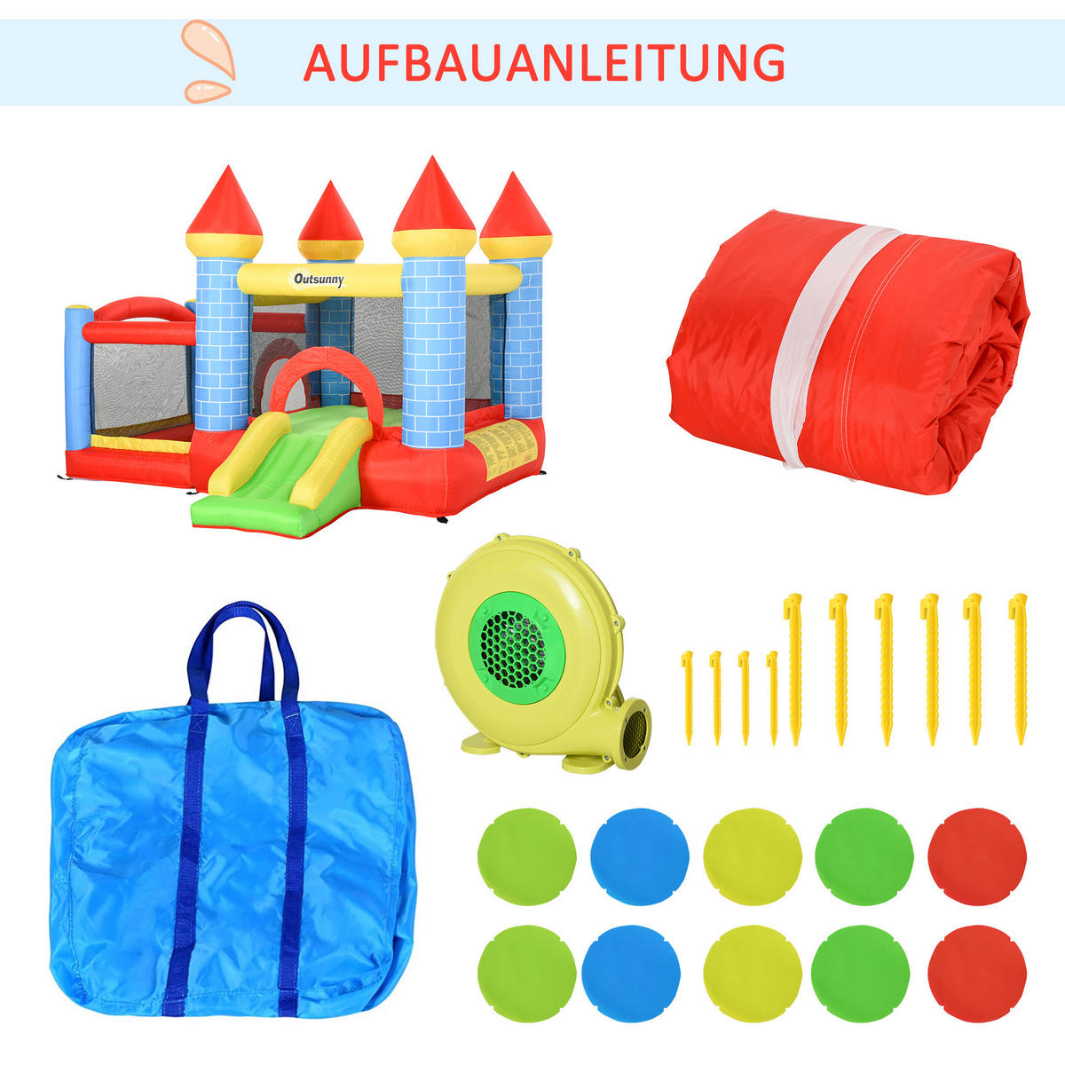 AUFBLASBARE Hüpfburg mit Rutsche Pool für 3 Kinder Burg mit Gebläse - Rot, Kunststoff (280/260/210cm) - Outsunny