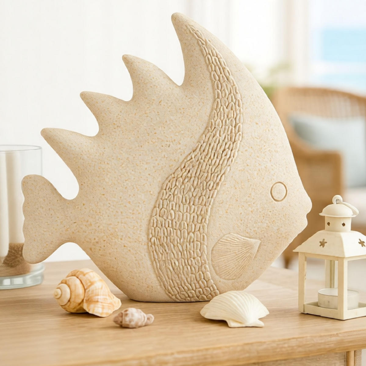 DEKOOBJEKT Fish Sand, beige, Polyresin, 25,3 x 8,6 x 24,5 cm, Motiv: Fische - Beige, Kunststoff (25.3/24.5/8.6cm) - Mauro Ferretti
