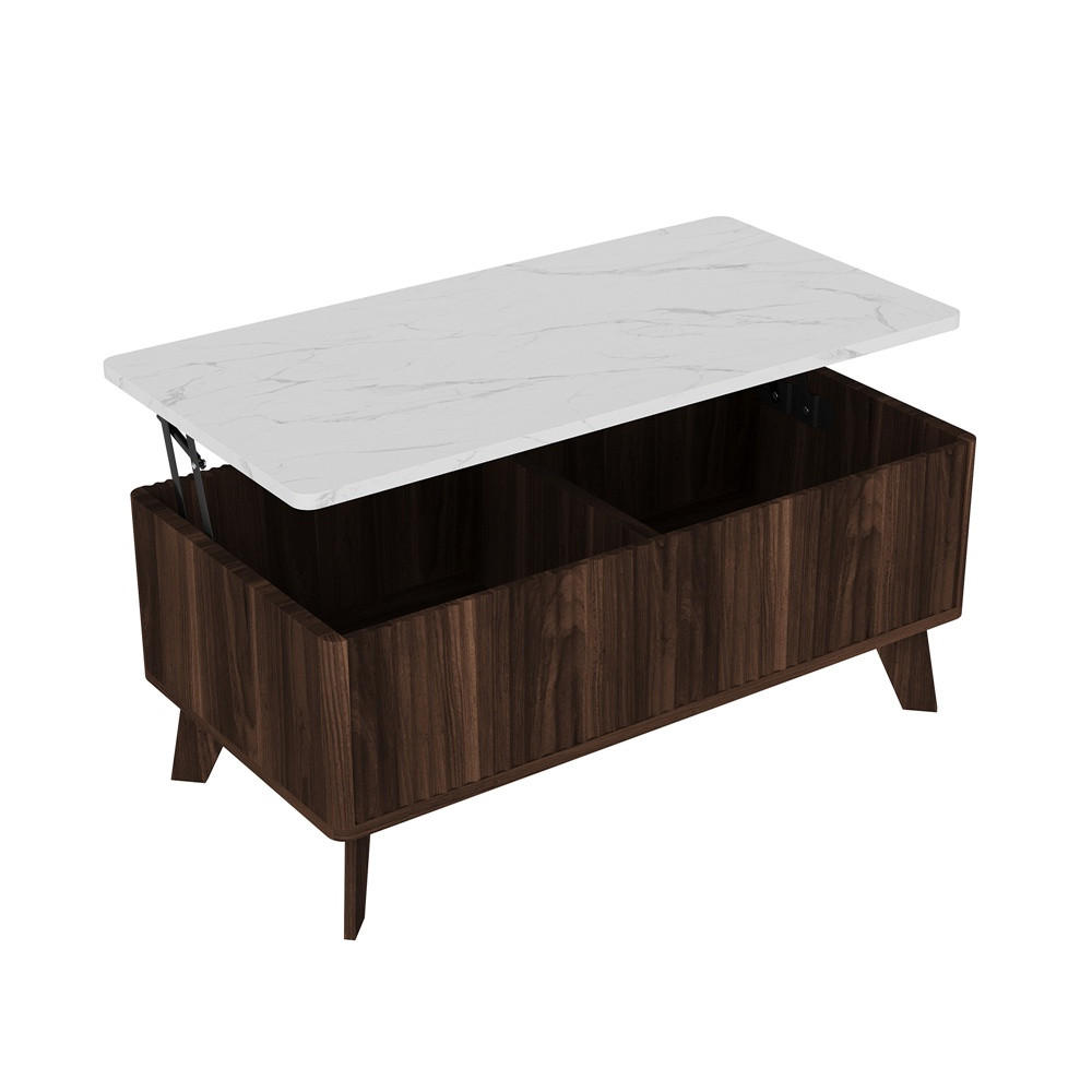 COUCHTISCH in weißer Marmoroptik - Couchtisch Rechteckig mit Lift-Funktion Stauraum und Holzbeinen - Walnuss - Walnussfarben, Holzwerkstoff (53/105/42cm) - DELFA