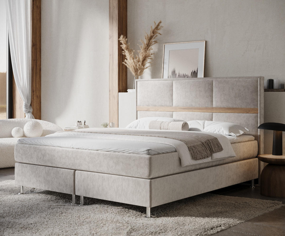 BOXSPRINGBETT Soto Ecru 160/200 cm mit Latex-Topper - Ecru/Silberfarben, Holz/Holzwerkstoff (160/200cm) - Maison de Reve