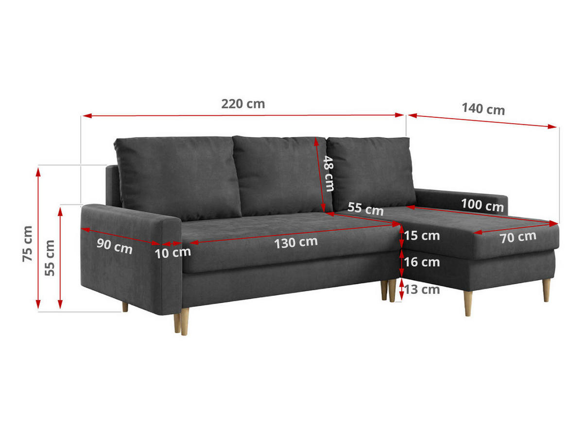 ECKSOFA Lang Velvet Grau - Braun/Grau, Holz/Textil (220/140cm) - MKS