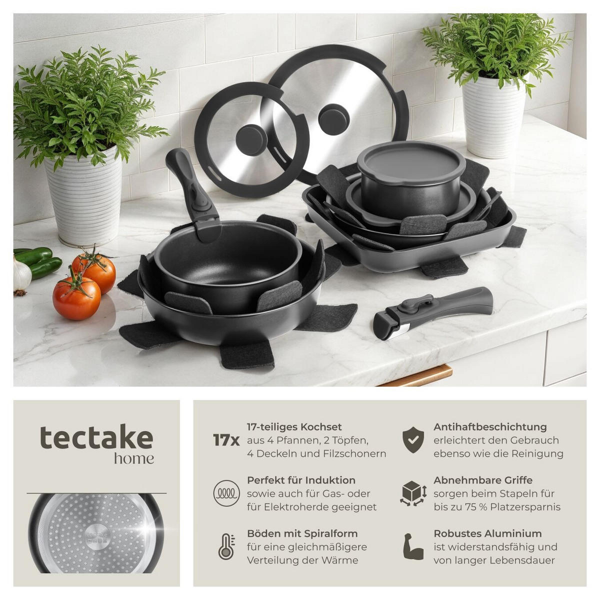 KOCHTOPFSET Parma,Ofenfest bis 175°C, mit 5 Topfschonern,schwarz - Schwarz, Metall - tectake