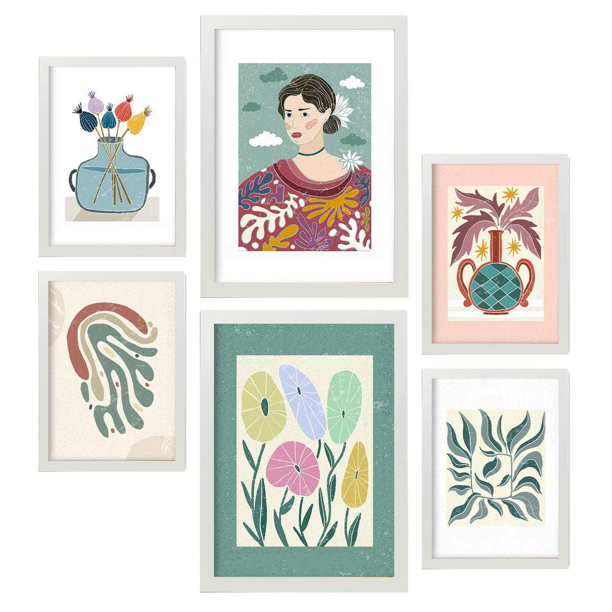 POSTER Set Mit 6 Drucken Blüten In Der Sammlung Von Ethnischenen Ästhetische Dekorative Rahmen Für Ihr Zuhause Wandkunstdruck A3 & A4 Weißer Rahmen - Weiß, Papier (29/3cm) - Nacnic