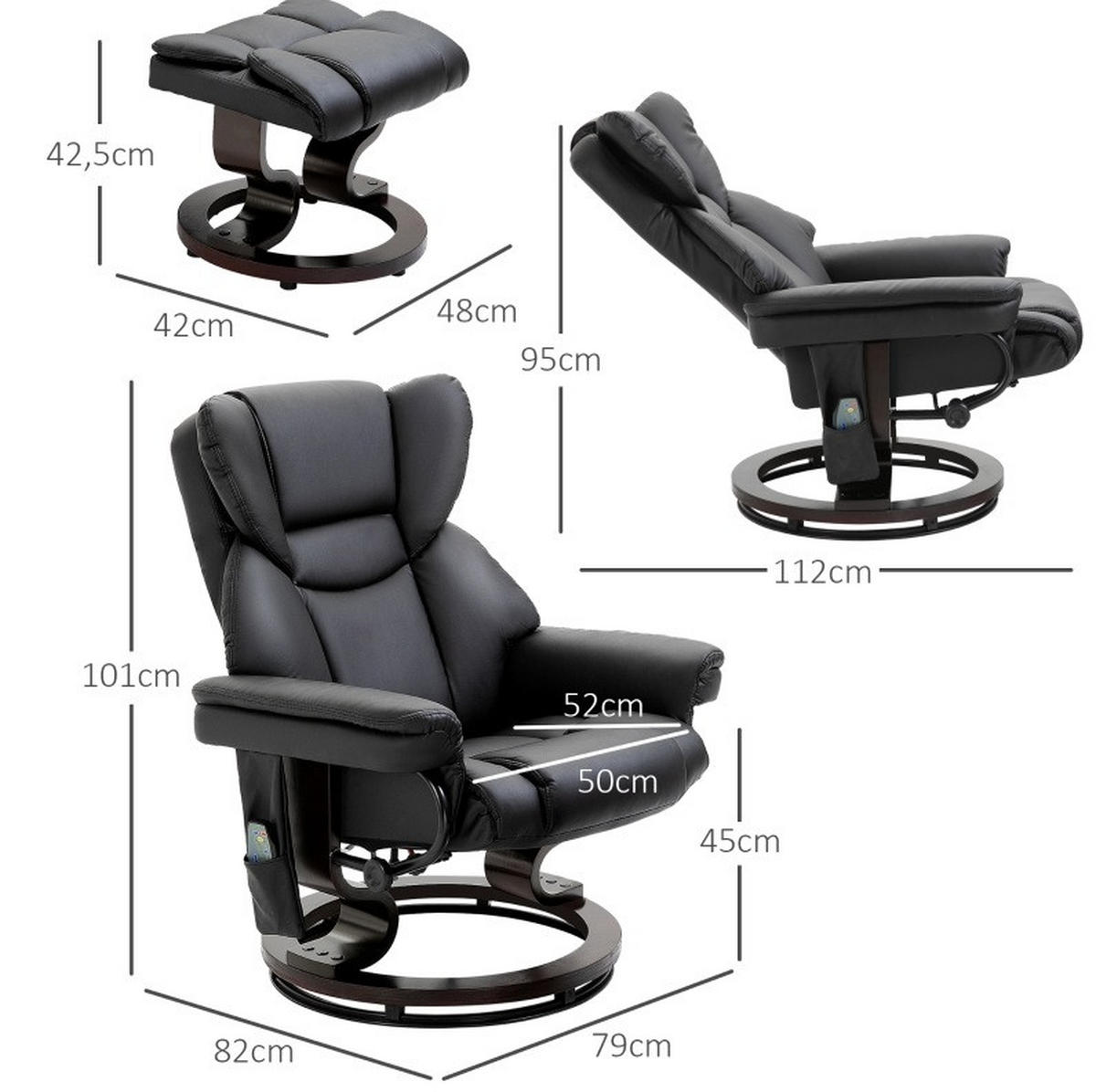 RELAXSESSEL 79/82/101 cm in Schwarz mit Massagefunktion und Hocker - Schwarz, Kunststoff (82/101/79cm) - Flora Grace