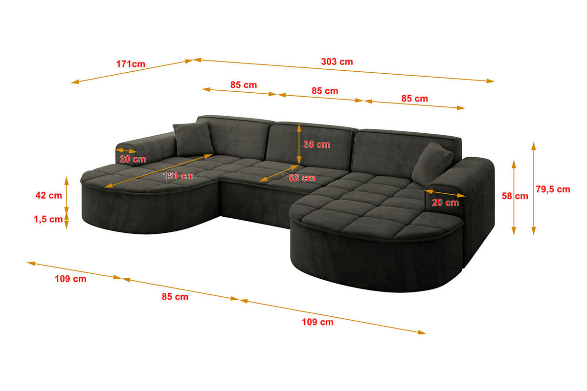 WOHNLANDSCHAFT TARO-U1 - 303x171x79,5 cm Schwarz - Schwarz, Holzwerkstoff/Textil (303/79.5/171cm) - ALTDECOR
