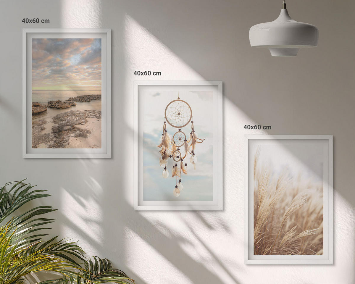 BILDER SET 3er Set - 40x60 cm Weißer Rahmen - Wolkenmeer, Traumfänger, Gras - Weiß, Kunststoff (40/60cm) - TULUP