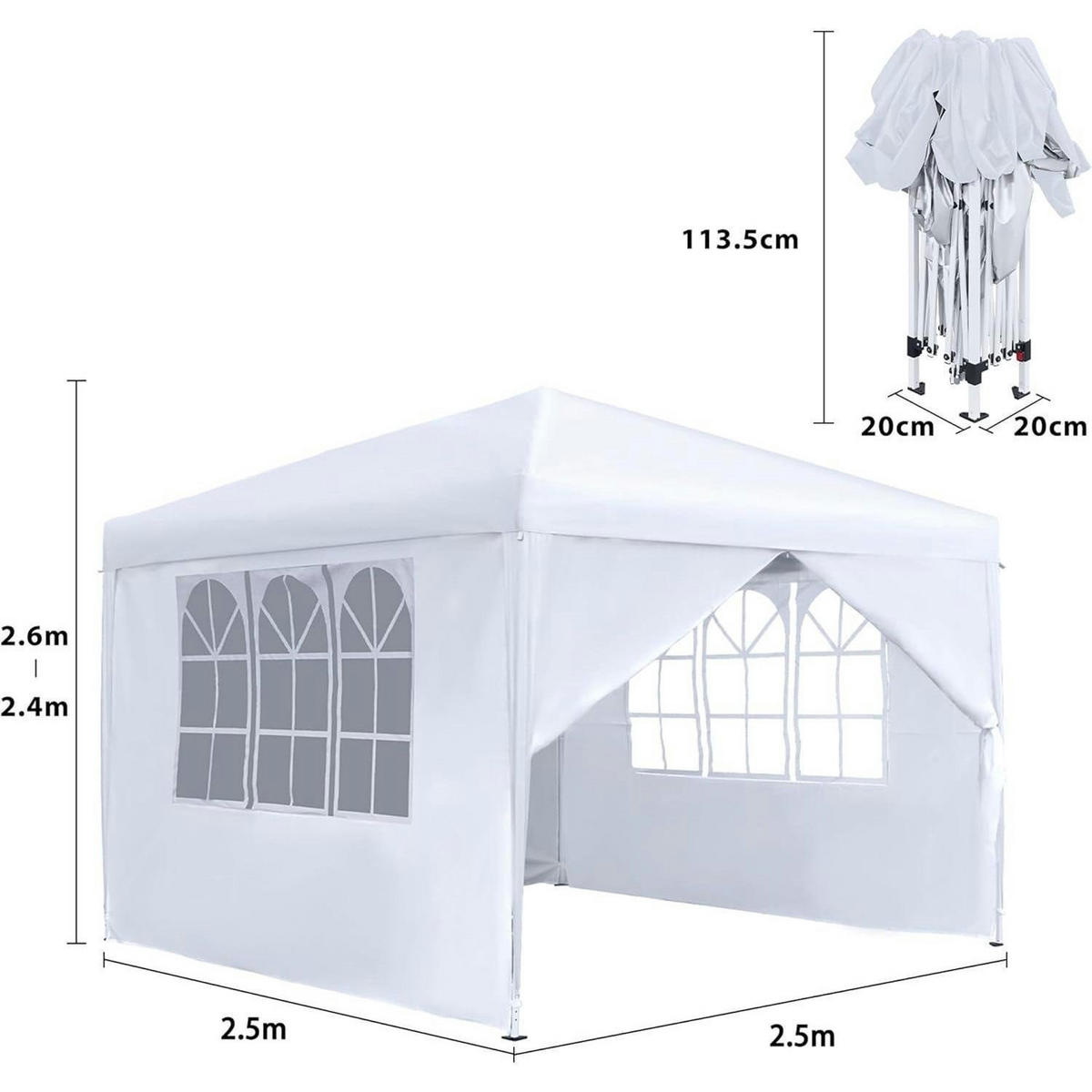 FALTPAVILLON 2,5 x 2,5 m mit Seitenteilen und Fenstern Weiß - Weiß, Textil (250/260/250cm)