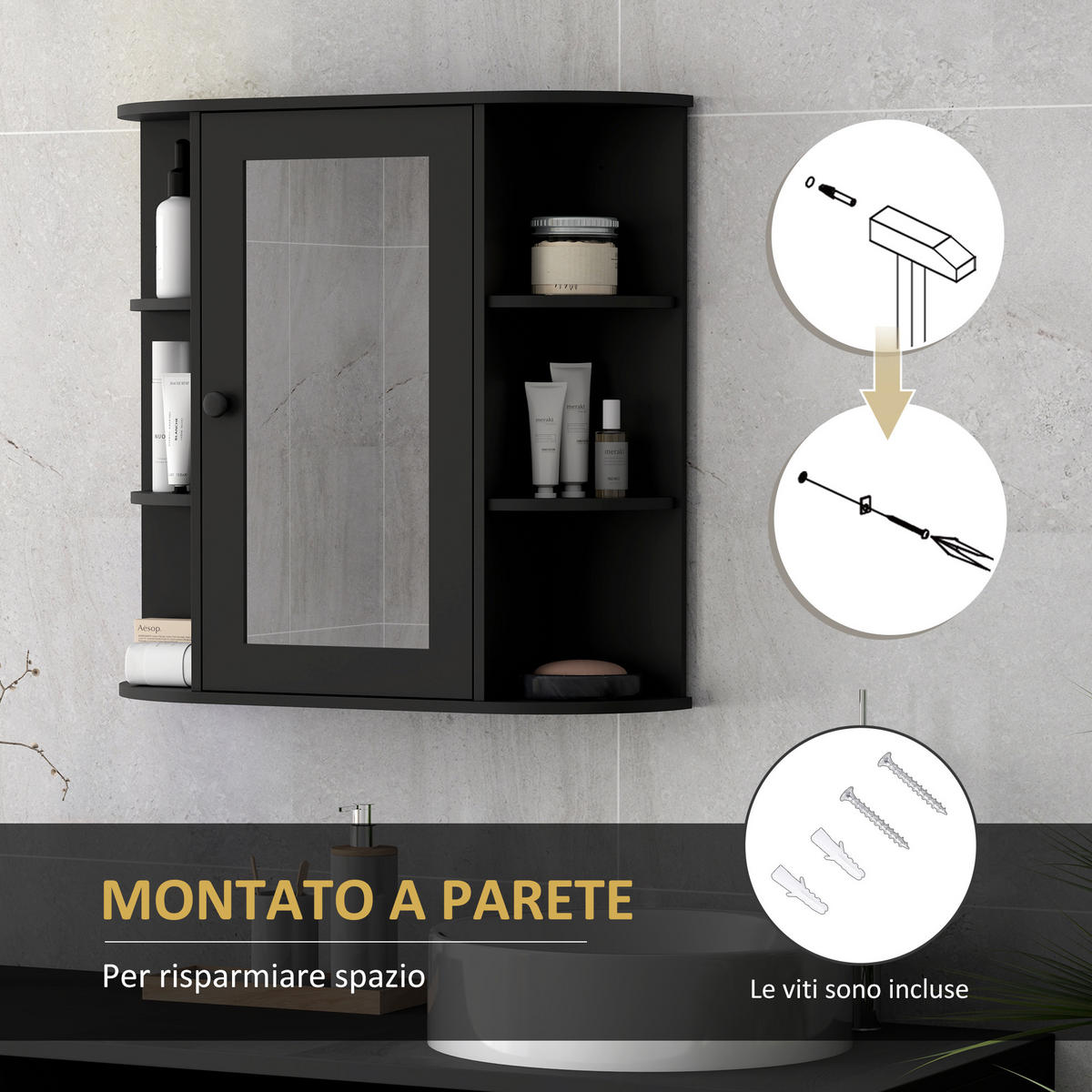 SPIEGELSCHRANK Spiegelschrank mit 6 offenen und 2 geschlossenen Ablagen,66 x 17 x 63 cm ,Schwarz - Schwarz, Glas (66/63/17cm) - Vallsero