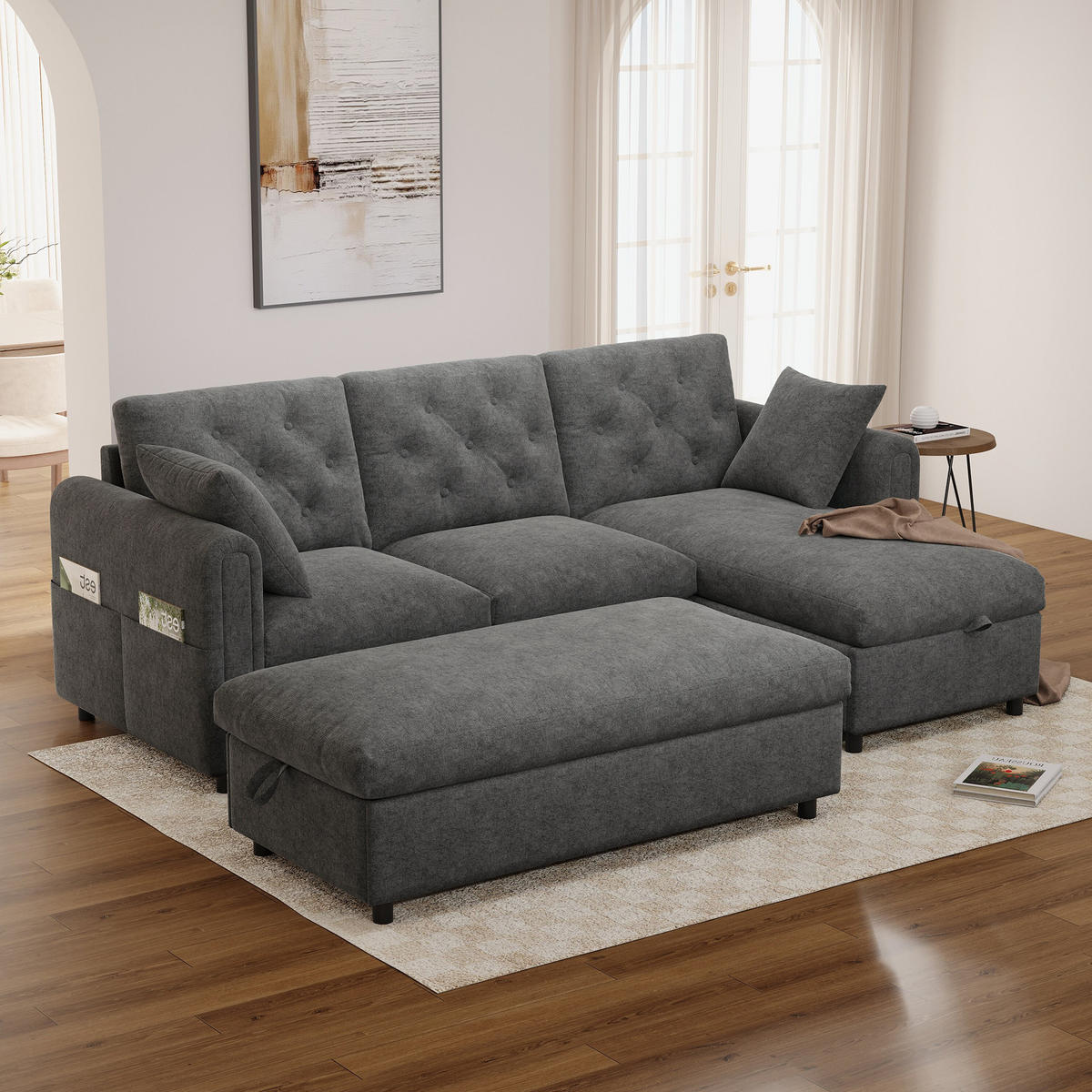 SOFA Baršun L Oblik s Tabureom 219x131x86 cm Siva - siva, tekstil (219/86/131cm) - FLIEKS