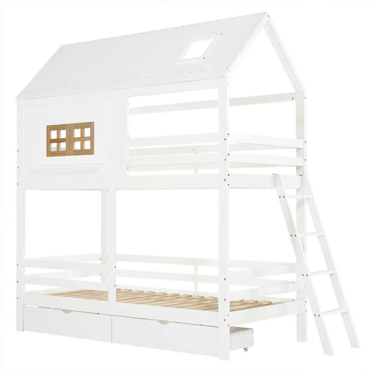 ETAGENBETT 90/200 cm aus Kiefer und MDF mit Dach, Fenstern, Leiter und 2 Schubladen, Weiß/Natur - Weiß, Holz (90/200cm) - Redom