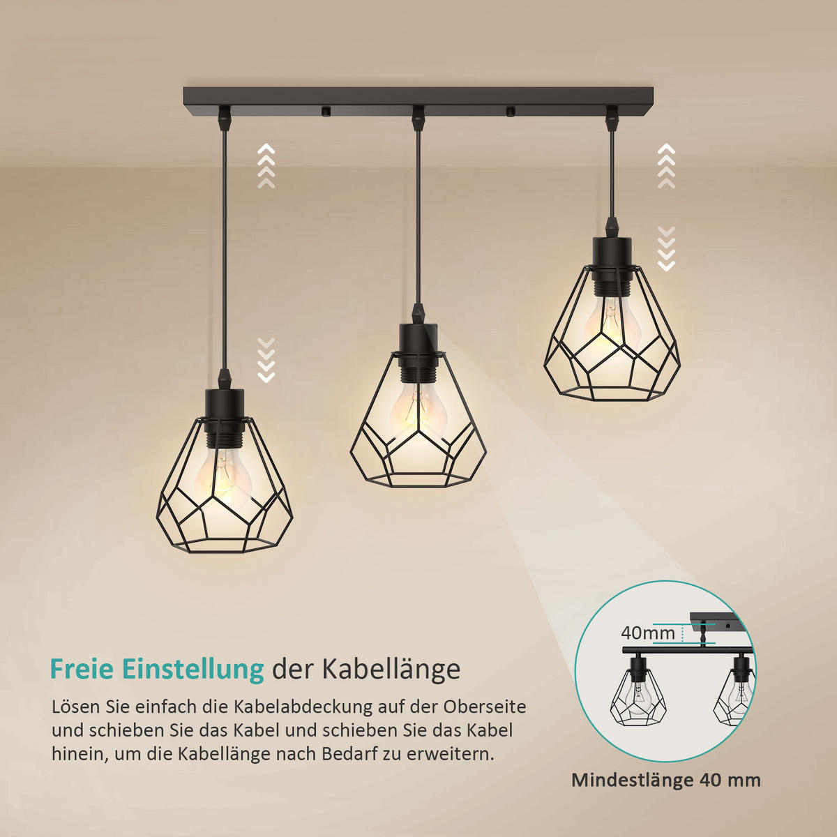 DECKENLAMPE Pendelleuchte Retro Industrial 3-flammig Metall 12/25/100 cm - Schwarz, Metall (25/12/100cm) - EMKE