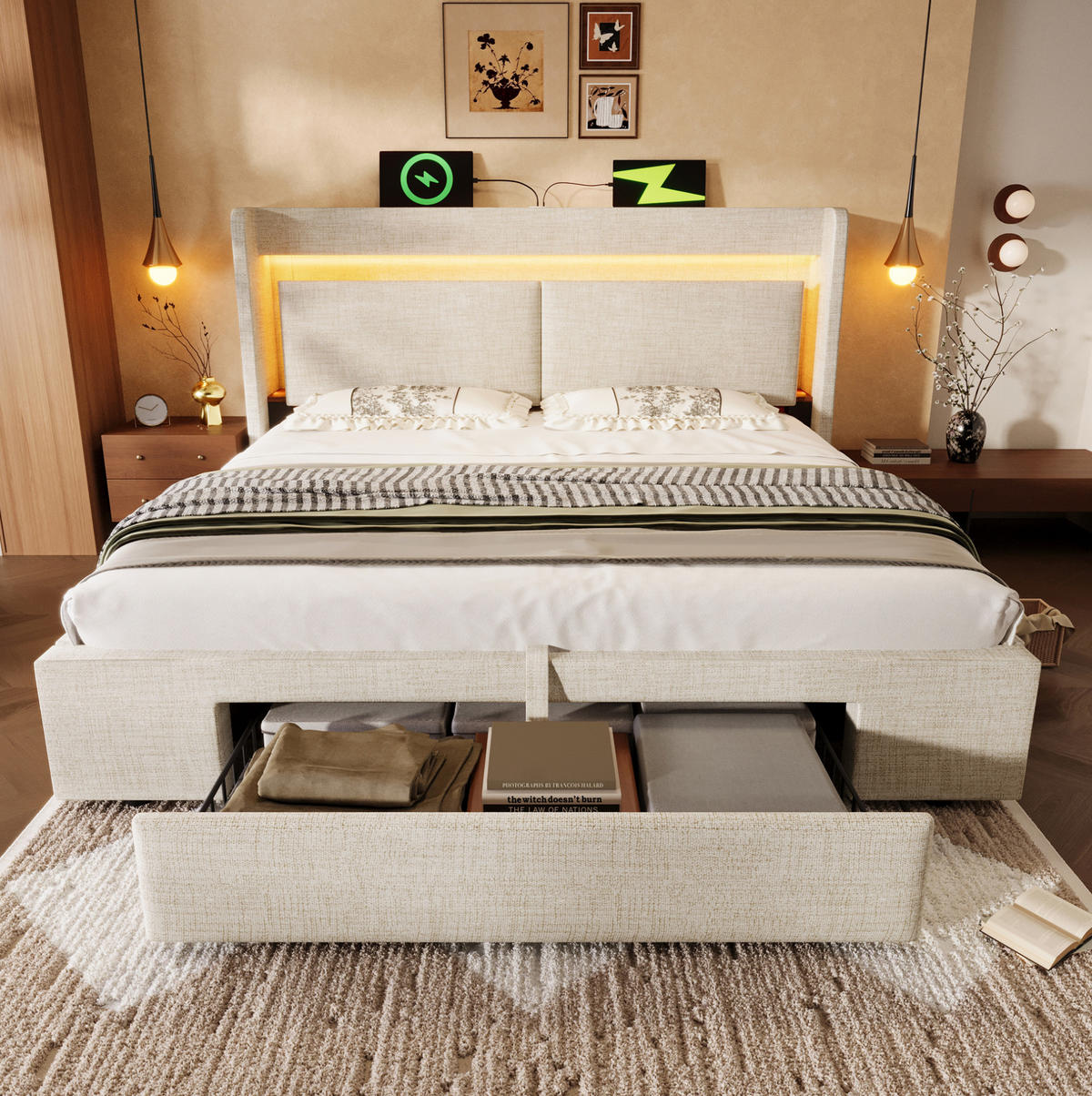POLSTERBETT mit Stauraum 180x200 cm Beige Leinen USB und LED - Beige, Metall (180/200cm) - Meubliv