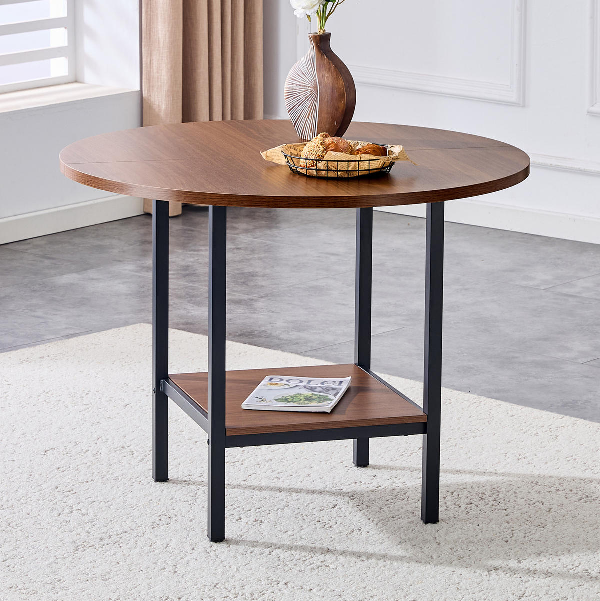 ESSTISCH aus MDF und Metall 100x100x77 cm Walnussfarben mit Stauraumablage im runden Design - Walnussfarben, Holzwerkstoff (100/100/77cm) - Modfu