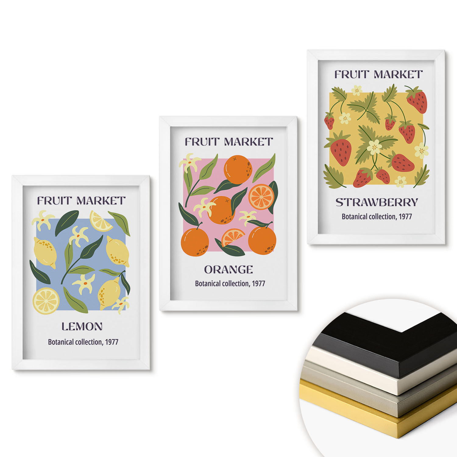WANDBILDER 3er-Set - 20x30 cm Weißer Rahmen - Fruchtposter Zitronen Erdbeeren - Weiß, Kunststoff (20/30cm) - ArtPrintCave