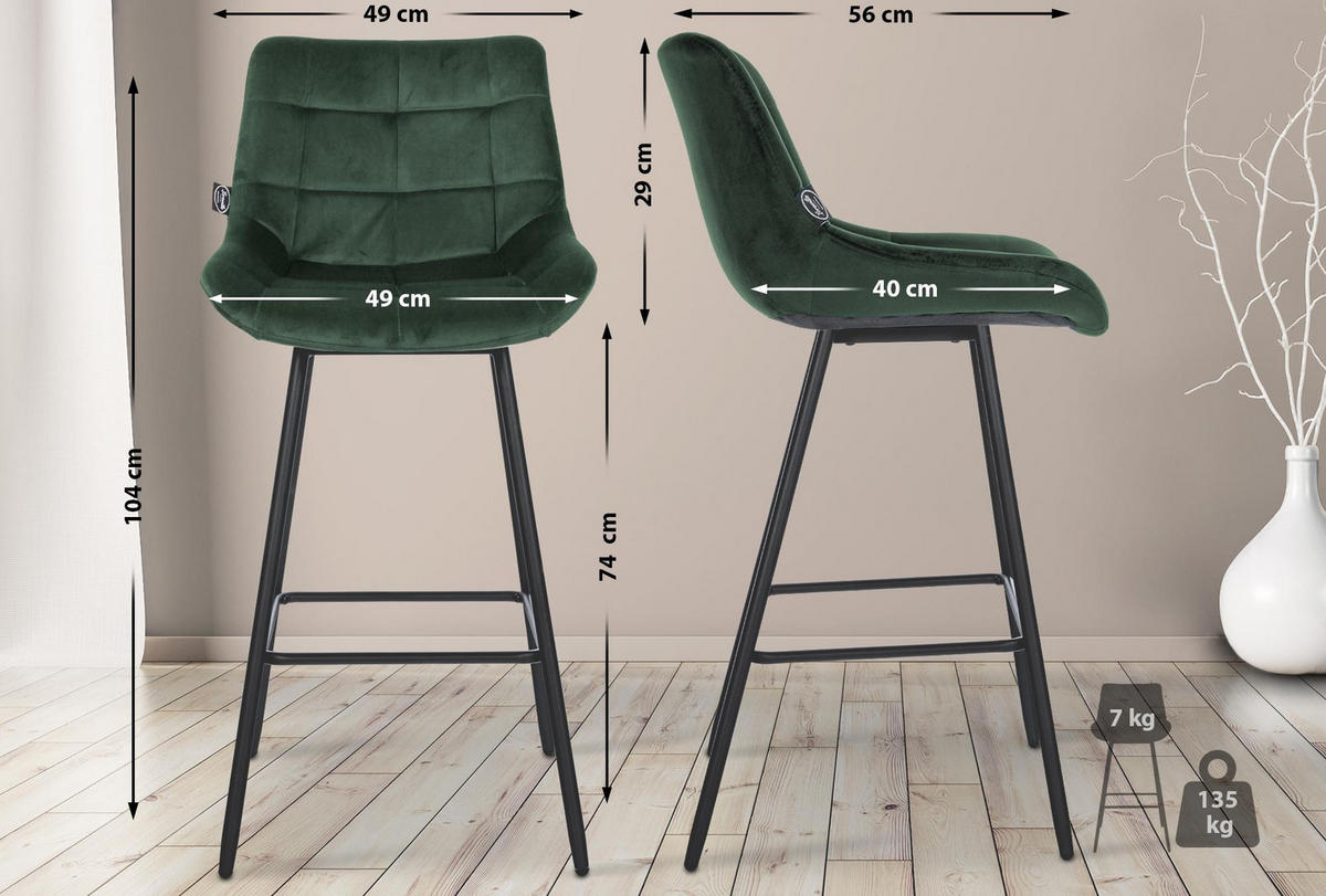 BARHOCKER Samt dunkelgrün - Dunkelgrün/Schwarz, Textil/Metall (49/104/56cm) - CLP